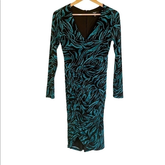 NEW Guess Animal Print Jersey Long Sleeve Knee Length Dress Black Teal - Picture 2 of 4